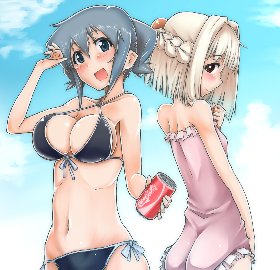 2girls, bikini, blonde_hair, blue_eyes, blue_hair, breasts, brown_eyes, can