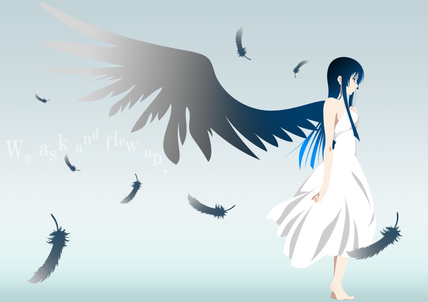 1girl, akiyama_mio, angel, barefoot, blue_eyes, dress, feathers, female_focus