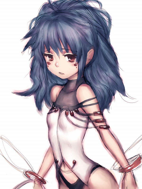 1girl, alfimi, banpresto, bare_shoulders, blue_hair, bracelet, facial_mark, female_focus