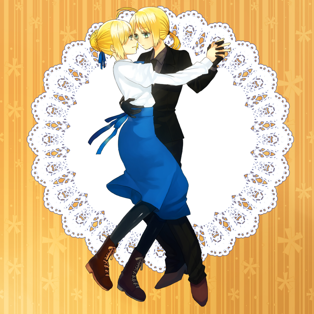 2girls, ahoge, artoria_pendragon_(fate), bad_id, bad_pixiv_id, black_legwear, blonde_hair, boots, casual, doily, dress, dual_persona, fate/stay_night, fate/zero, fate_(series), formal_clothes, green_eyes, hair_ribbon, holding_hands, interlocked_fingers, long_hair, multiple_girls, necktie, pant_suit, pants, pantyhose, ponytail, ribbon, riku_(kakao100), saber_(fate), suit, time_paradox