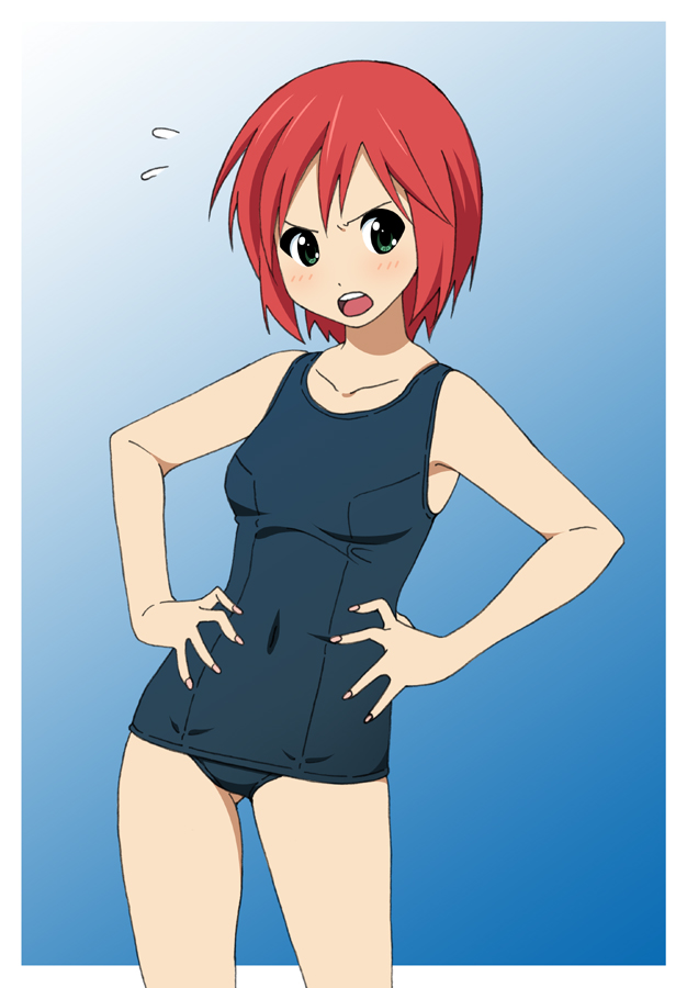fukuoka_katsumi, green_eyes, hands_on_own_hips, ichigo_(fukuoka_katsumi), one-piece_swimsuit, original, red_hair, school_swimsuit