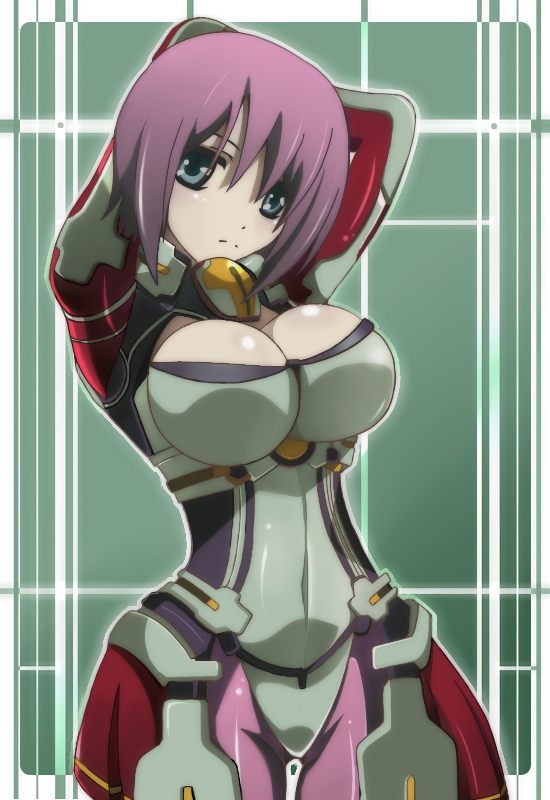 1girl, arms_up, blue_eyes, bodysuit, breasts, bursting_breasts, cleavage, female_focus, impossible_clothes, kyoukaisenjou_no_horizon, large_breasts, li@_(rikku04), liat, pantyhose, prosthetics, short_hair, skin_tight, solo, tachibana_gin, thigh_gap, thighs