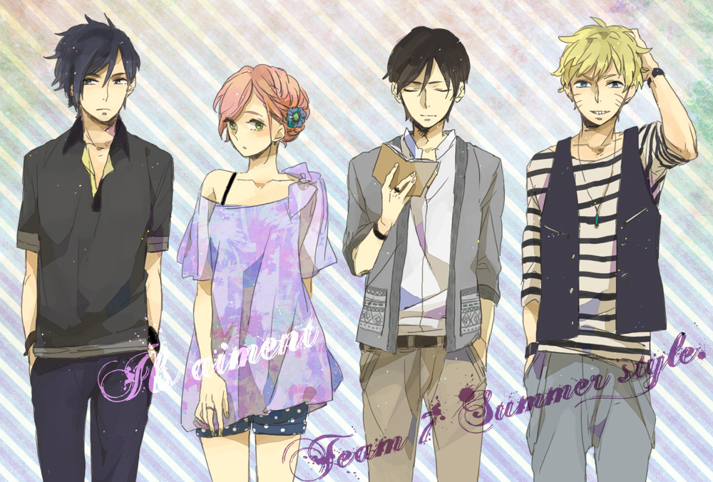 1girl, 3boys, alternate_costume, alternate_hairstyle, aono_nachi, belt, book, casual