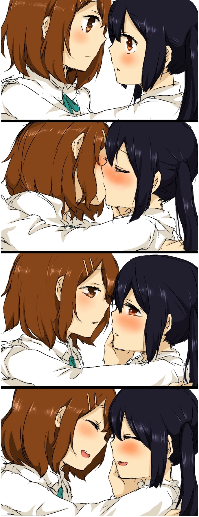 2girls, 4koma, :d, aoi_chiruko, black_hair, blush, brown_eyes, brown_hair, comic, couple, eye_contact, closed_eyes, hair_ornament, hairclip, hand_on_another's_face, highres, hirasawa_yui, imminent_kiss, k-on!, kiss, looking_at_another, multiple_girls, nakano_azusa, open_mouth, profile, round_teeth, school_uniform, short_hair, smile, teeth, twintails, yuri