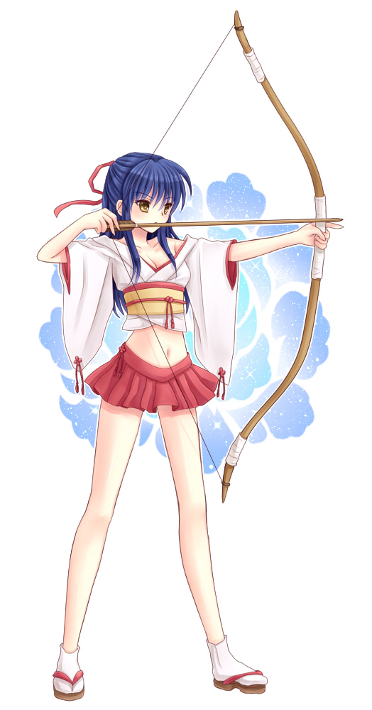 00s, 1girl, aiming, arrow_(projectile), bad_id, bad_pixiv_id, blue_hair, bow_(weapon), clannad, drawing_bow, female_focus, holding, holding_bow_(weapon), holding_weapon, japanese_clothes, long_hair, midriff, miniskirt, ritomo, sagara_misae, sandals, skirt, solo, tabi, weapon, yellow_eyes
