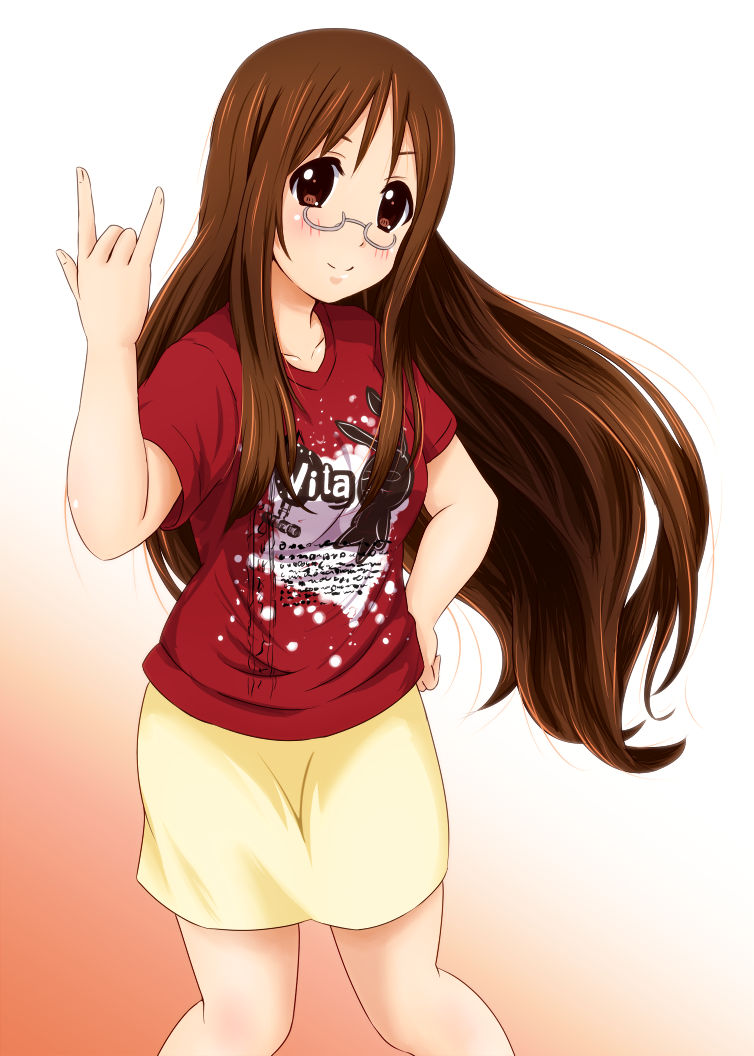 1girl, \m/, brown_eyes, brown_hair, diesel-turbo, glasses, k-on!, long_hair, print_shirt, sanada_asami, voice_actor_connection, shirt, t-shirt, yamanaka_sawako