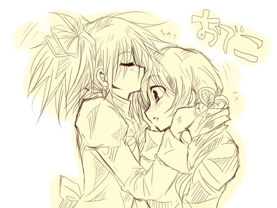 10s, 2girls, closed_eyes, kaname_madoka, kiss, kissing_forehead, mahou_shoujo_madoka_magica, mahou_shoujo_madoka_magica_(anime), maru_(092102040413), monochrome, multiple_girls, ribbon, tomoe_mami, yuri