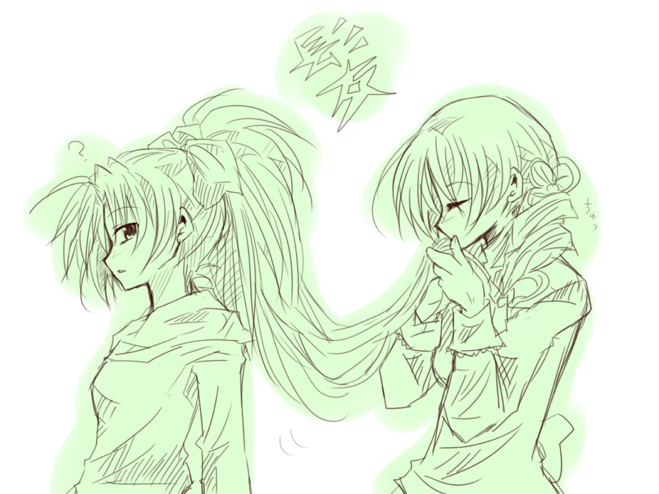 10s, 2girls, ?, closed_eyes, drill_hair, green_theme, kissing_hair, long_hair