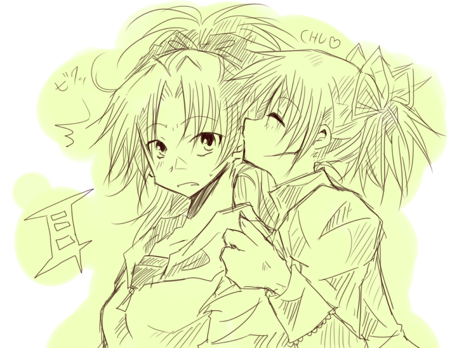 10s, 2girls, closed_eyes, green_theme, heart, kaname_madoka, kiss, kissing_ear