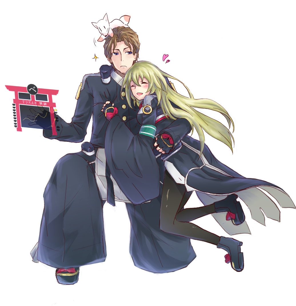 1boy, 1girl, animal, animal_on_head, black_pantyhose, blonde_hair, brown_hair, couple