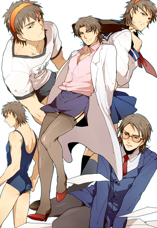 5boys, bespectacled, black_legwear, brown_eyes, brown_hair, crossdressing, crossdressing_(mtf), fate/stay_night, fate/tiger_colosseum, fate/zero, fate_(series), formal_clothes, garter_straps, glasses, gym_uniform, hairband, high_heels, kotomine_kirei, kotomine_kirei_(businessman), lab_coat, male_focus, manly, multiple_boys, multiple_persona, necktie, one-piece_swimsuit, pantyhose, pinki_(shounenkakuseiya), school_uniform, serafuku, shoes, suit, swimsuit, thighhighs