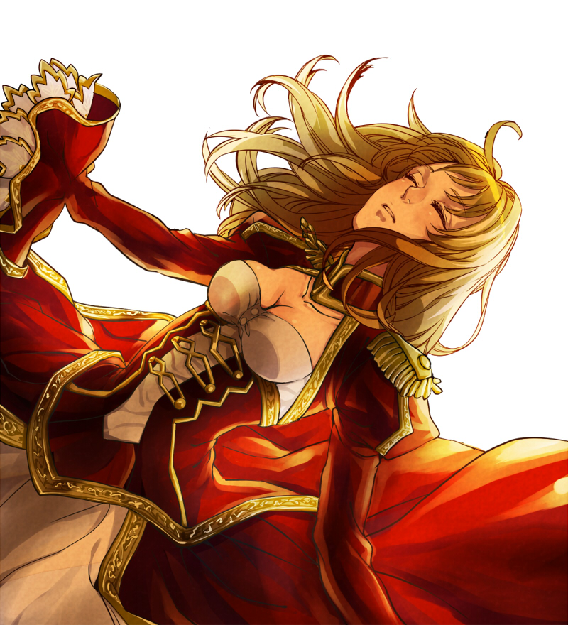 10s, 1girl, ahoge, bad_id, bad_pixiv_id, blonde_hair, breasts, cleavage, closed_eyes, dress, epaulettes, fate/extra, fate_(series), female_focus, hair_down, hair_ribbon, long_hair, medium_breasts, nero_claudius_(fate), nero_claudius_(fate/extra), ribbon, shirosaki_(233144), solo
