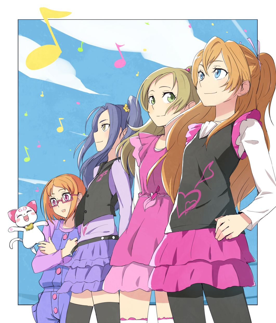 10s, 4girls, ayatori_(238676), ayatori_(sensei_heroism), blue_eyes, brown_hair, glasses, green_eyes