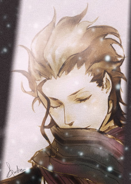 1boy, ahoge, brown_hair, closed_eyes, coat, community666, diarmuid_ua_duibhne_(fate), diarmuid_ua_duibhne_(lancer)_(fate)