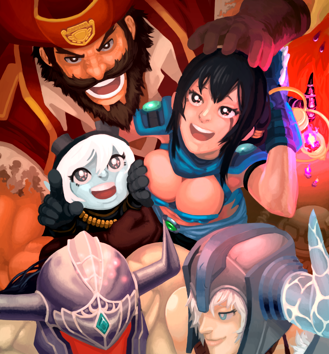 2boys, 3girls, beard, blue_eyes, brekkist, facial_hair, fireworks, gangplank_(league_of_legends)