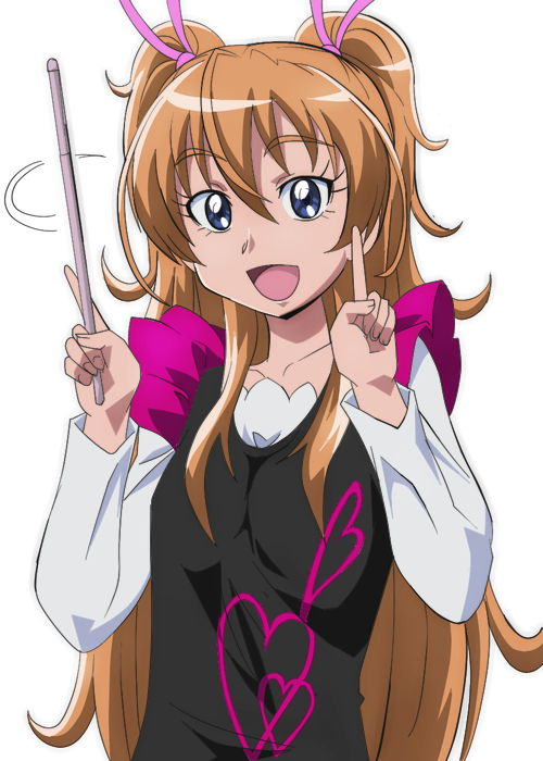 10s, 1girl, :d, blue_eyes, brown_hair, conducting, conductor, eyelashes, female_focus, hair_ribbon, houjou_hibiki, index_finger_raised, long_hair, oimanji, open_mouth, precure, ribbon, smile, solo, suite_precure, two_side_up, wand, white_background
