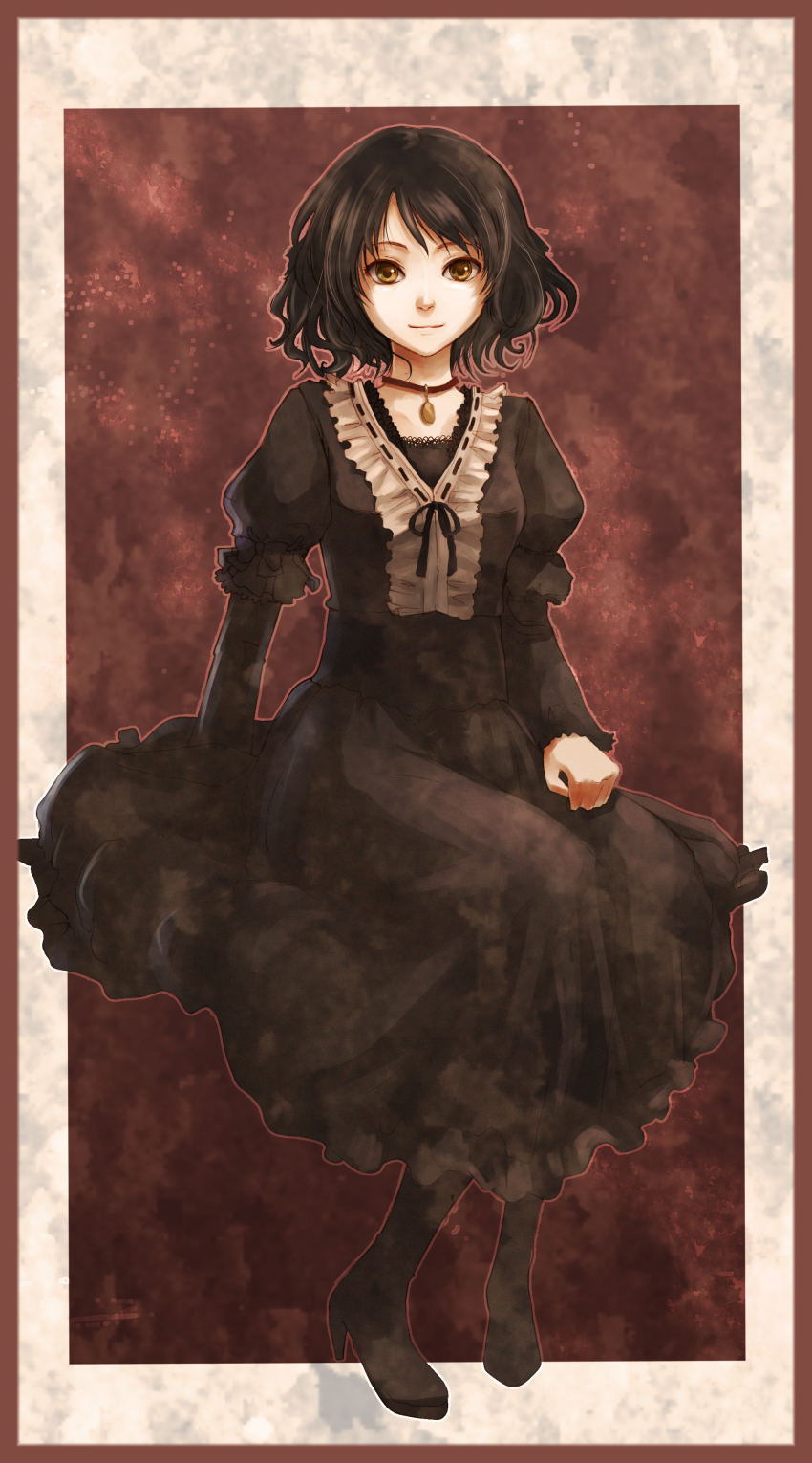 1girl, absurdres, black_dress, black_hair, boots, brown_eyes, choker, dress, female_focus, framed, frills, highres, light_smile, long_sleeves, original, outside_border, solo, toufu_(beancurd_cake)