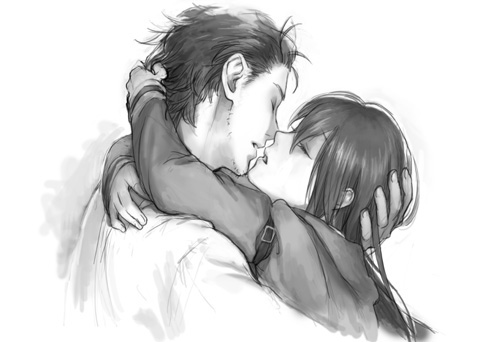1boy, 1girl, bad_id, bad_pixiv_id, closed_eyes, couple, facial_hair, greyscale, hetero, hug, imminent_kiss, jacket, lab_coat, long_hair, lowres, makise_kurisu, miya_(hooooo), monochrome, okabe_rintarou, science_adventure, short_hair, simple_background, steins;gate, stubble, white_background