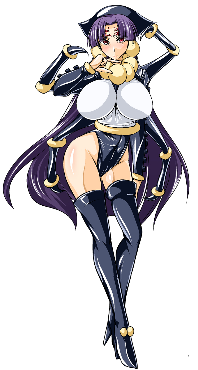 1girl, arthropod_girl, black_thighhighs, boots, breasts, female_focus, groin, high_heel_boots, high_heels, highres, hip_focus, huge_breasts, insect_girl, kanten, legs, long_hair, monster_girl, noir_(rance), purple_hair, rance_(series), red_eyes, sengoku_rance, shoes, simple_background, solo, spider_girl, standing, thigh_boots, thighhighs, very_long_hair, white_background, wide_hips