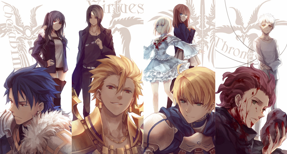 3girls, 6+boys, ahoge, archer's_master_(fate/prototype), armor, arthur_pendragon_(fate), bare_shoulders, belt