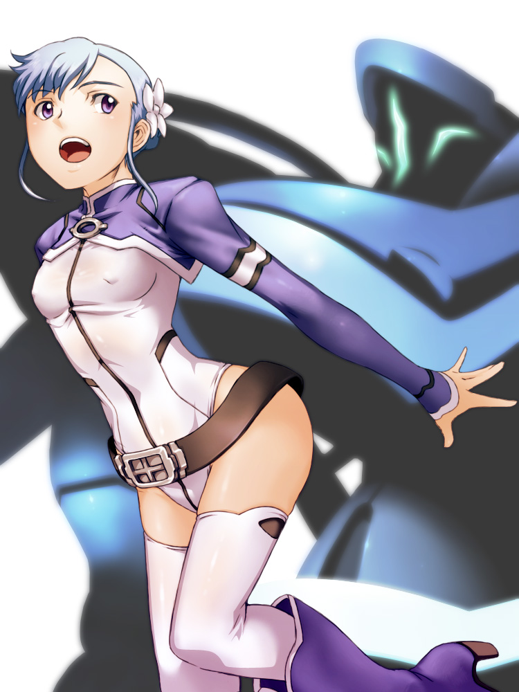 10s, 1girl, :d, belt, belt_skirt, blue_footwear, blue_hair, blurry