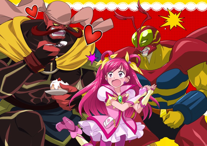 00s, 1girl, 2boys, :o, angry, bandana, bike_shorts, boots, bunbee, bunbee_(precure), cake, colored_skin, cure_dream, eating, eyelashes, facial_hair, food, futari_wa_precure, futari_wa_precure_max_heart, gloves, hair_rings, long_hair, maeashi, magical_girl, mask, multiple_boys, mustache, open_mouth, pink_hair, pink_shorts, precure, purple_eyes, red_skin, shorts, surprised, takagi_wataru_(voice_actor), uraganos, voice_actor_connection, yes!_precure_5, yes!_precure_5_gogo!, yumehara_nozomi
