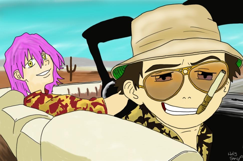 brown_eyes, brown_hair, car, cosplay, fear_and_loathing_in_las_vegas, flcl, haruhara_haruko, hoiysaky, motor_vehicle, nandaba_naota, parody, pink_hair, raoul_duke, raoul_duke_(cosplay), smoking, tagme, yellow_eyes