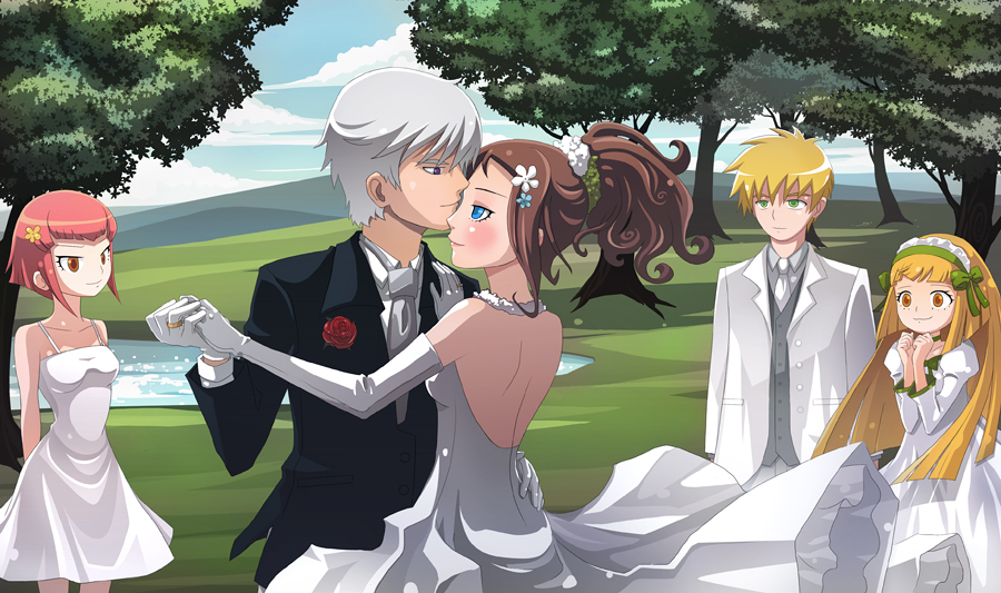 blonde_hair, blue_eyes, brown_hair, chelsea_(harvest_moon), dancing, dress, flower, grey_hair, harvest_moon, lake, lanna_(harvest_moon), mark_(bokujou_monogatari), natalie_(bokujou_monogatari), outdoors, red_hair, vaughn, water, wedding_dress