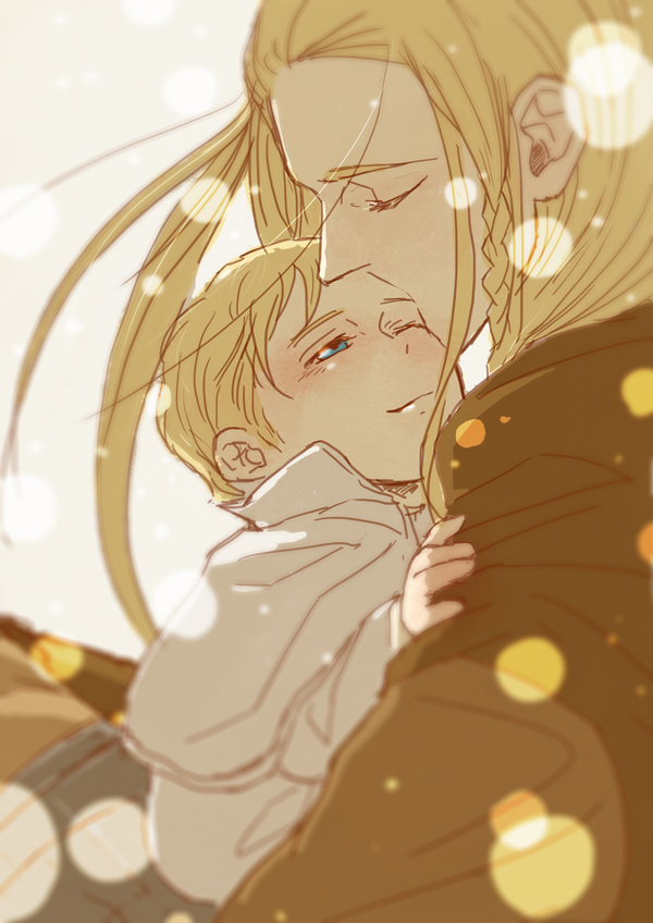 axis_powers_hetalia, blonde_hair, blue_eyes, blurry, blush, braid, carrying, child