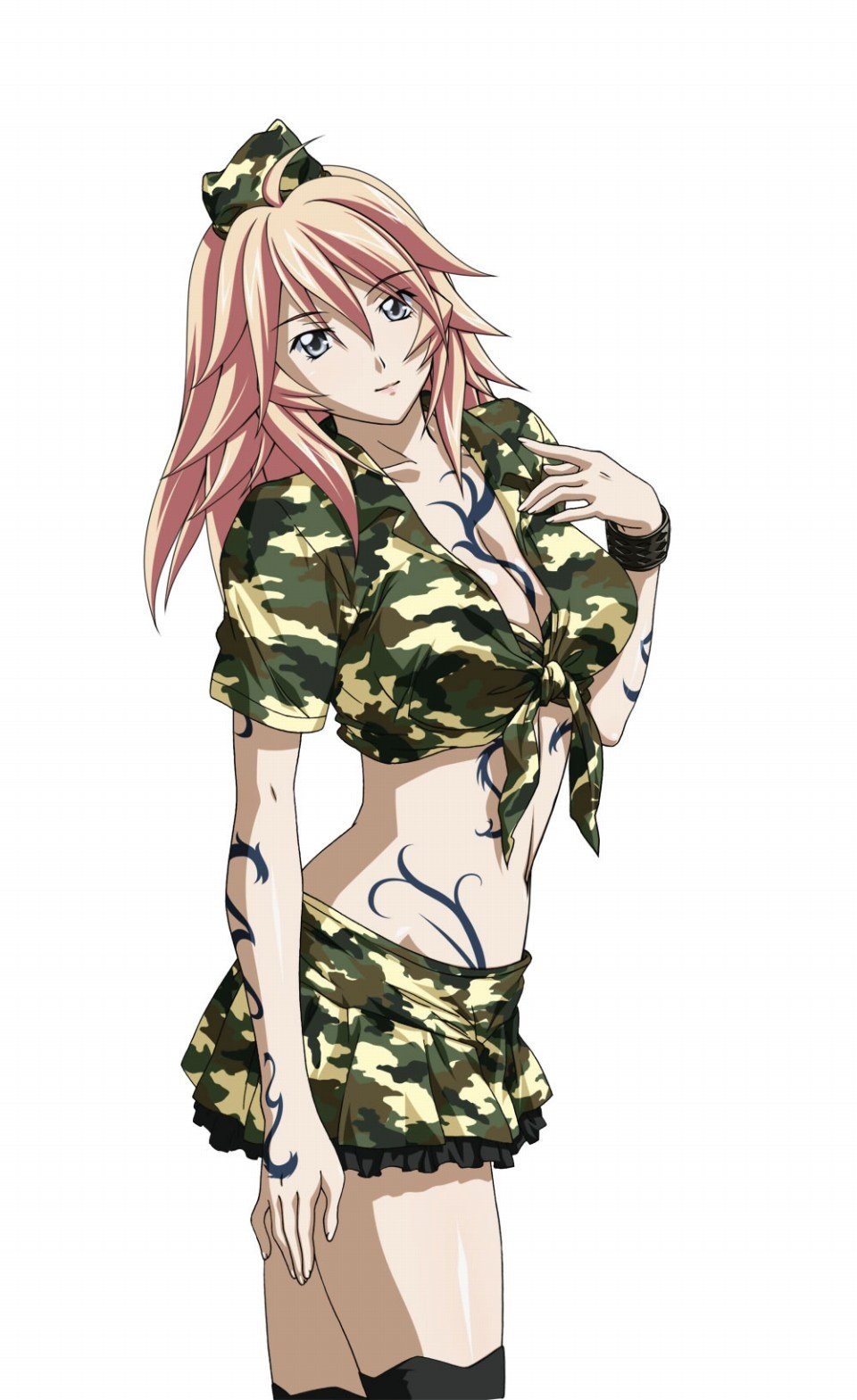 00s, 1girl, black_thighhighs, breasts, camouflage, cleavage, collarbone, eyebrows