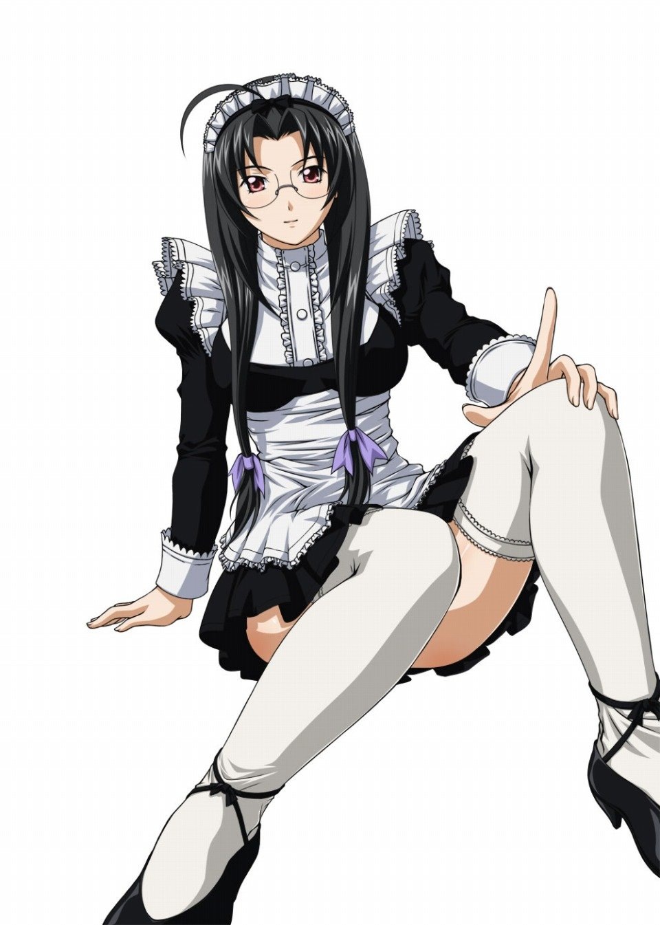 00s, 1girl, ahoge, alternate_costume, black_hair, breasts, enmaided, female_focus, glasses, highres, ikkitousen, kaku_bunwa, long_hair, long_sleeves, looking_at_viewer, maid, maid_headdress, simple_background, solo, thighhighs, twintails, white_background, white_thighhighs