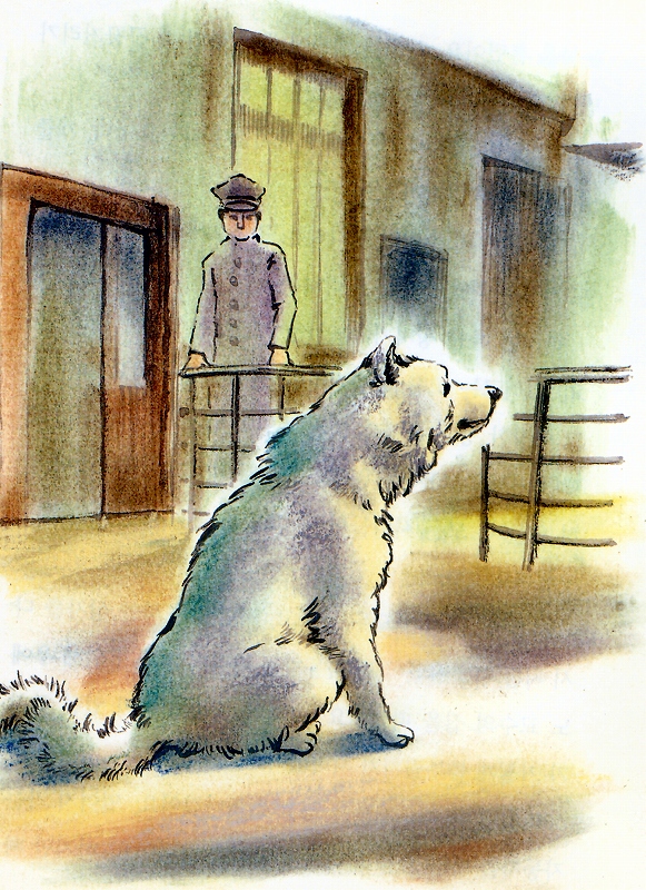 2012, 2boys, animal, artist_request, dog, door, fence, hachiko_(dog), hachiko_monogatari, hat, male_focus, multiple_boys, railway_station, sad, sitting, sky, source_request, waiting, white_dog, white_sky, window