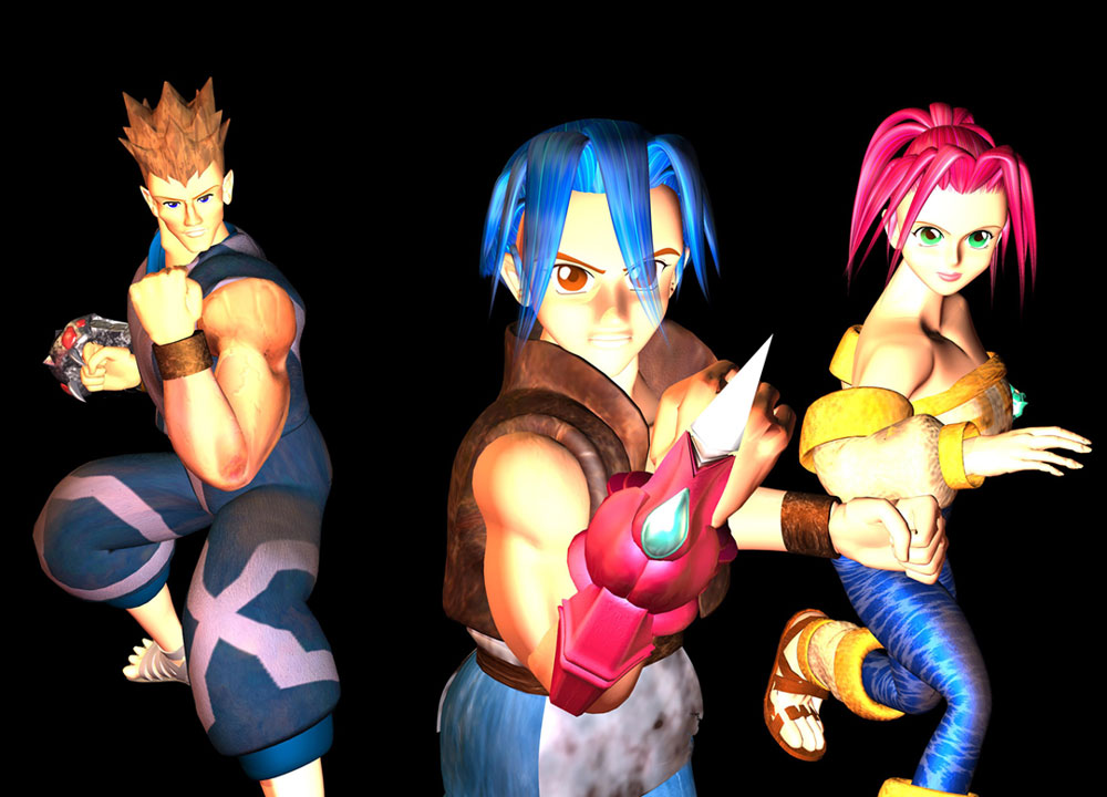 1girl, 2boys, 3d, black_background, cowboy_shot, gala, legaia_densetsu, meta_(legaia_densetsu), multiple_boys, noa_(legaia_densetsu), official_art, ozma, ra_seru, seru, simple_background, standing, terra_(legaia_densetsu), vahn