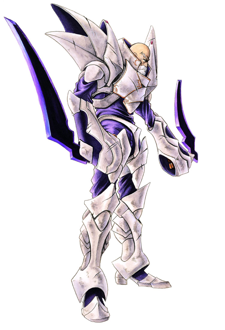 armor, bald, beard, eyebrows, facial_hair, legaia_densetsu, monster, official_art, old, old_man, seru, simple_background, solo, sword, weapon, white_background