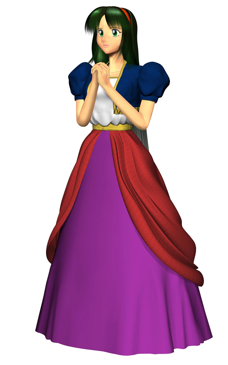 1girl, 3d, dress, female_focus, green_eyes, green_hair, highres, legaia_densetsu, mei_(legaia_densetsu), official_art, praying, simple_background, solo, white_background