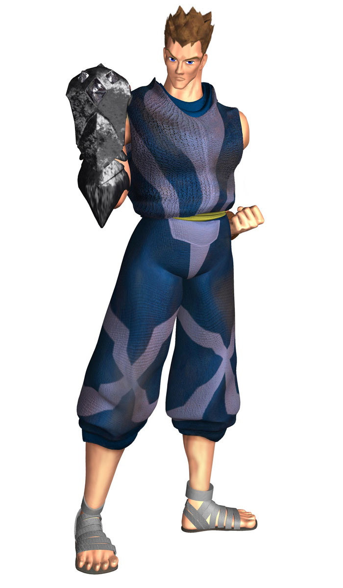 1boy, 3d, blue_eyes, brown_hair, gala, gauntlets, highres, legaia_densetsu