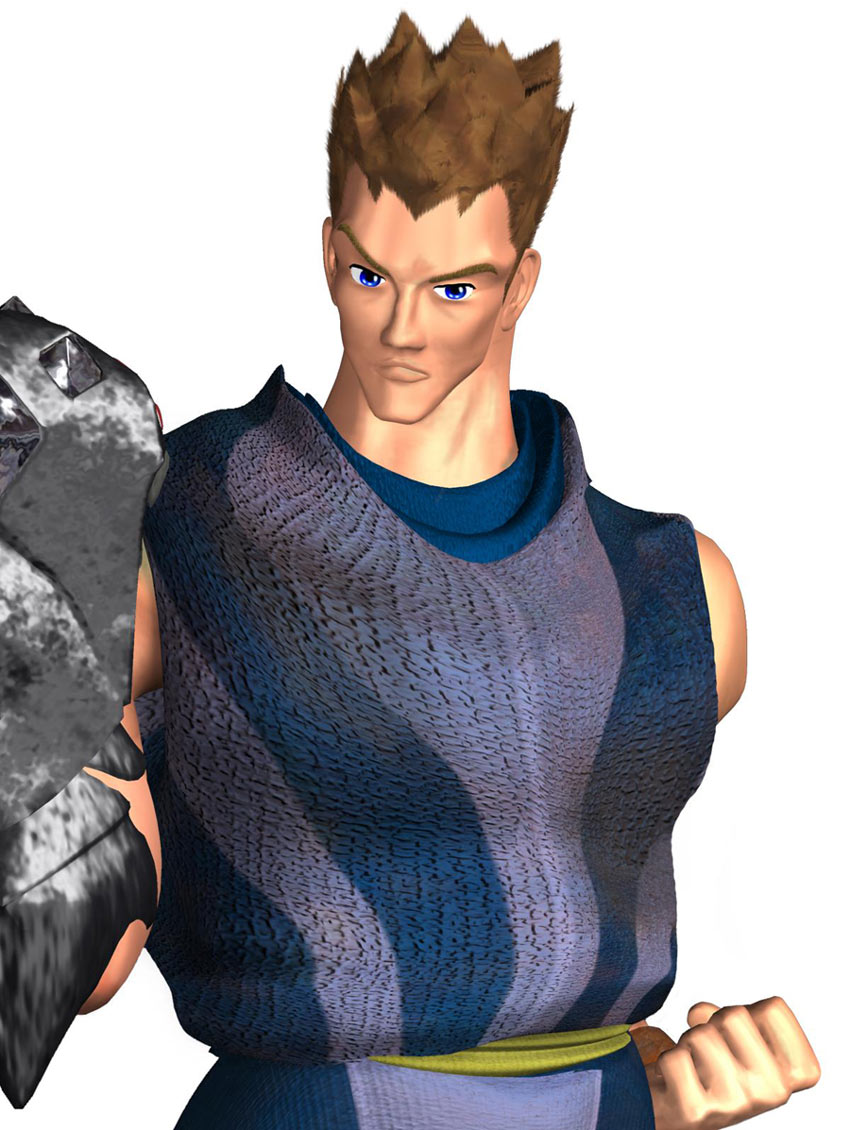 1boy, 3d, blue_eyes, brown_hair, gala, gauntlets, legaia_densetsu, male_focus