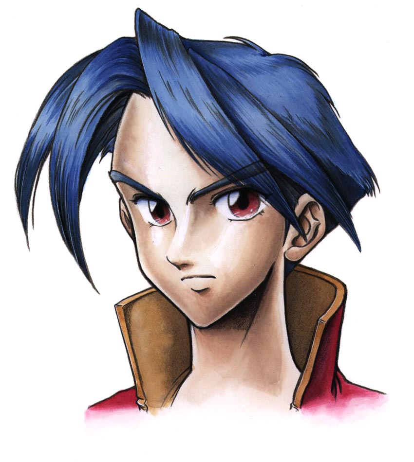 1boy, blue_hair, concept_art, eyebrows, legaia_densetsu, male_focus, natsumi_arisawa, official_art, portrait, red_eyes, short_hair, simple_background, solo, vahn, white_background