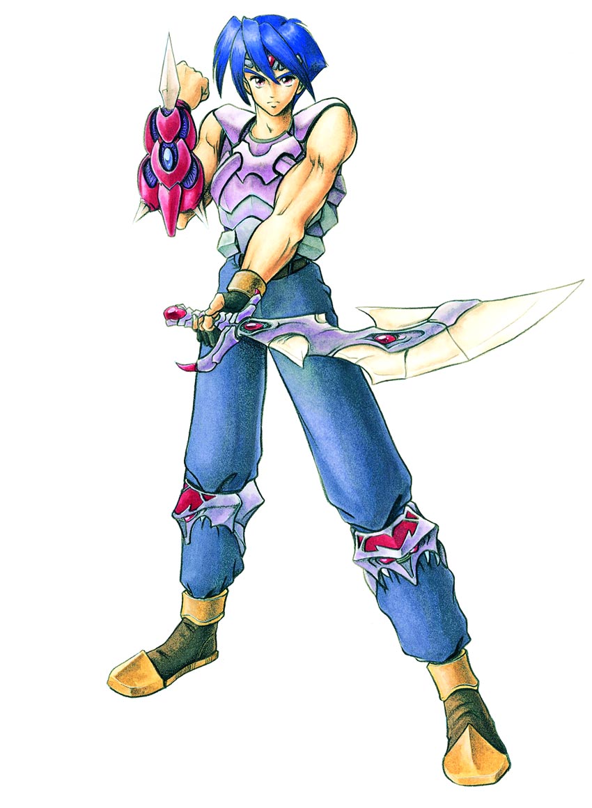 1boy, 3d, armor, belt, blazer, blue_hair, brown_eyes, concept_art, eyebrows, gauntlets, jacket, knife, legaia_densetsu, male_focus, meta_(legaia_densetsu), muscular, natsumi_arisawa, official_art, pants, ra_seru, seru, shirt, shoes, short_hair, simple_background, solo, sword, vahn, weapon, white_background, wristband