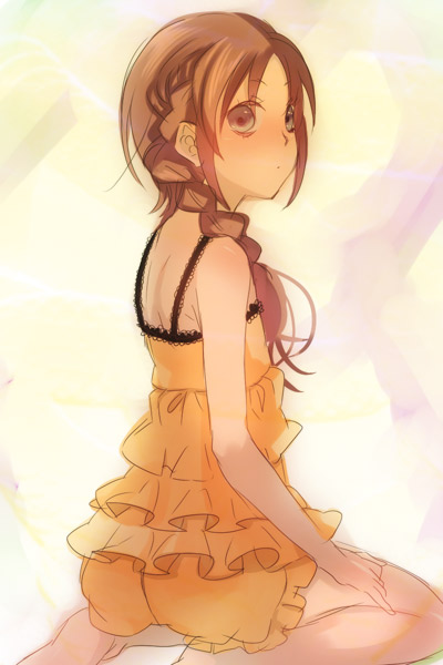 1girl, bad_id, bad_pixiv_id, barefoot, bloomers, blush, braid, brown_hair