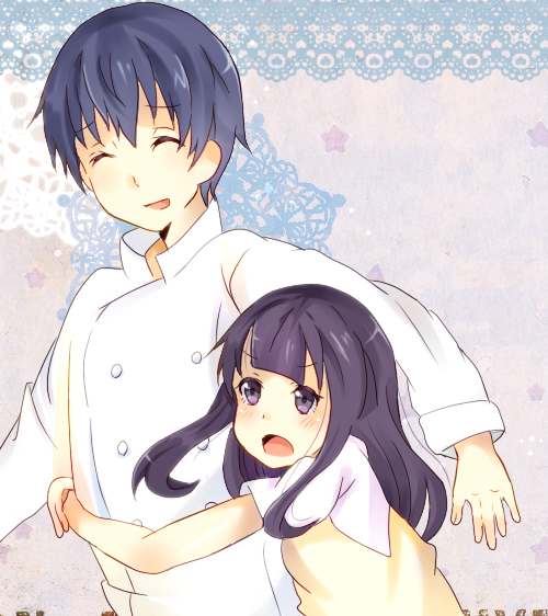 1boy, 1girl, apron, bad_id, bad_pixiv_id, black_hair, blue_hair, chef