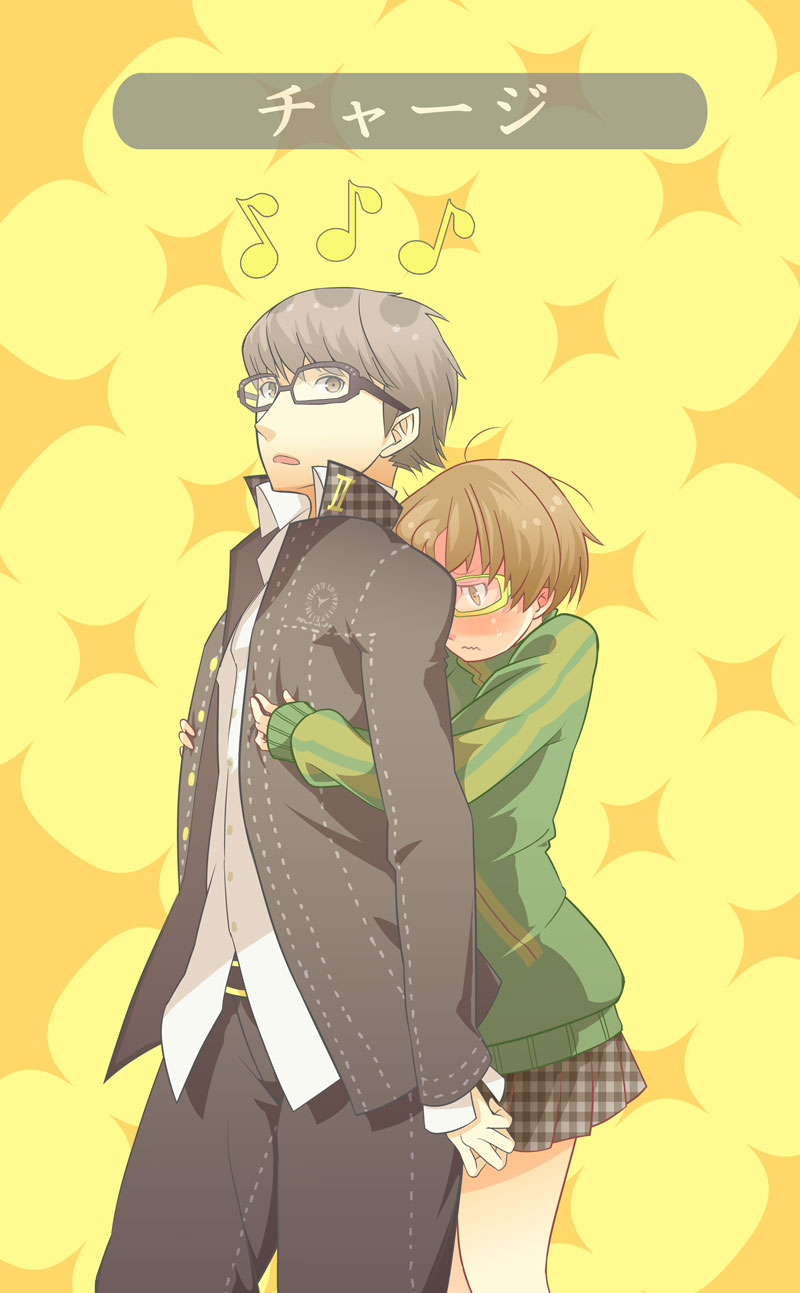 1boy, 1girl, atlus, blush, brown_hair, checkered_clothes, checkered_shirt, couple, gameplay_mechanics, glasses, hetero, highres, hug, hug_from_behind, jacket, musical_note, narukami_yu, persona, persona_4, plaid_clothes, plaid_skirt, rokuno, satonaka_chie, school_uniform, shirt, short_hair, silver_hair, skirt, track_jacket, translated