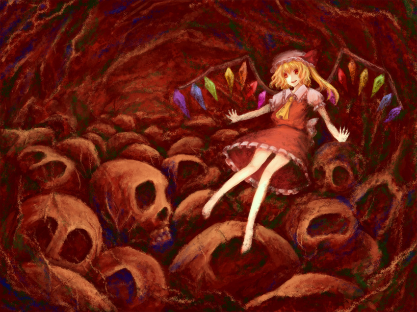 1girl, asc_(sfhiro), barefoot, blonde_hair, faux_traditional_media, female_focus, flandre_scarlet, hat