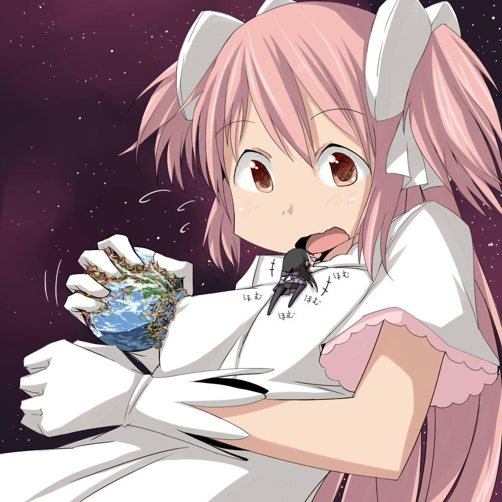 2girls, akemi_homura, akemi_homura_(magical_girl), black_hair, black_pantyhose, crushing, destruction, earth_(planet)