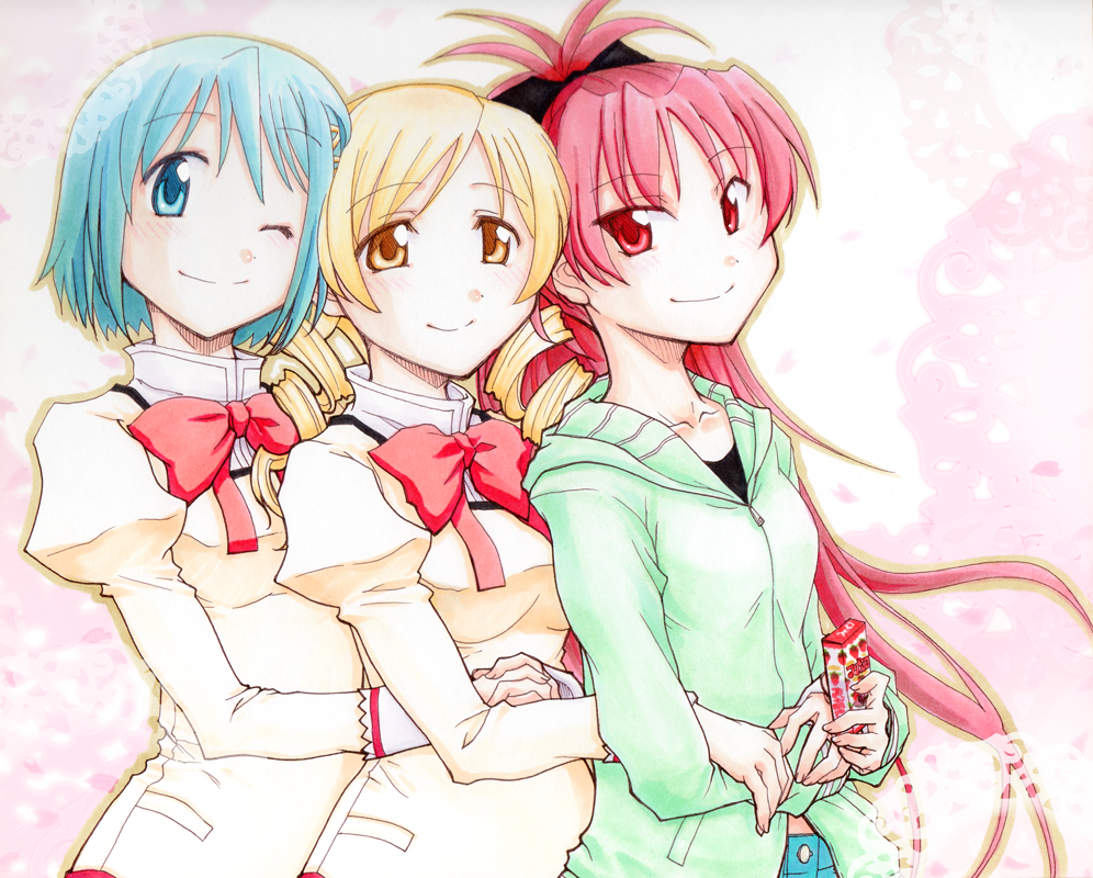 10s, 3girls, blonde_hair, blue_eyes, blue_hair, bow, casual, drill_hair, hair_bow, hair_ornament, hairclip, hood, hoodie, hug, hug_from_behind, long_hair, mahou_shoujo_madoka_magica, mahou_shoujo_madoka_magica_(anime), miki_sayaka, multiple_girls, one_eye_closed, ponytail, red_eyes, red_hair, sakura_kyoko, school_uniform, short_hair, smile, sumika_(smikas), tomoe_mami, twin_drills, twintails, wink, yellow_eyes