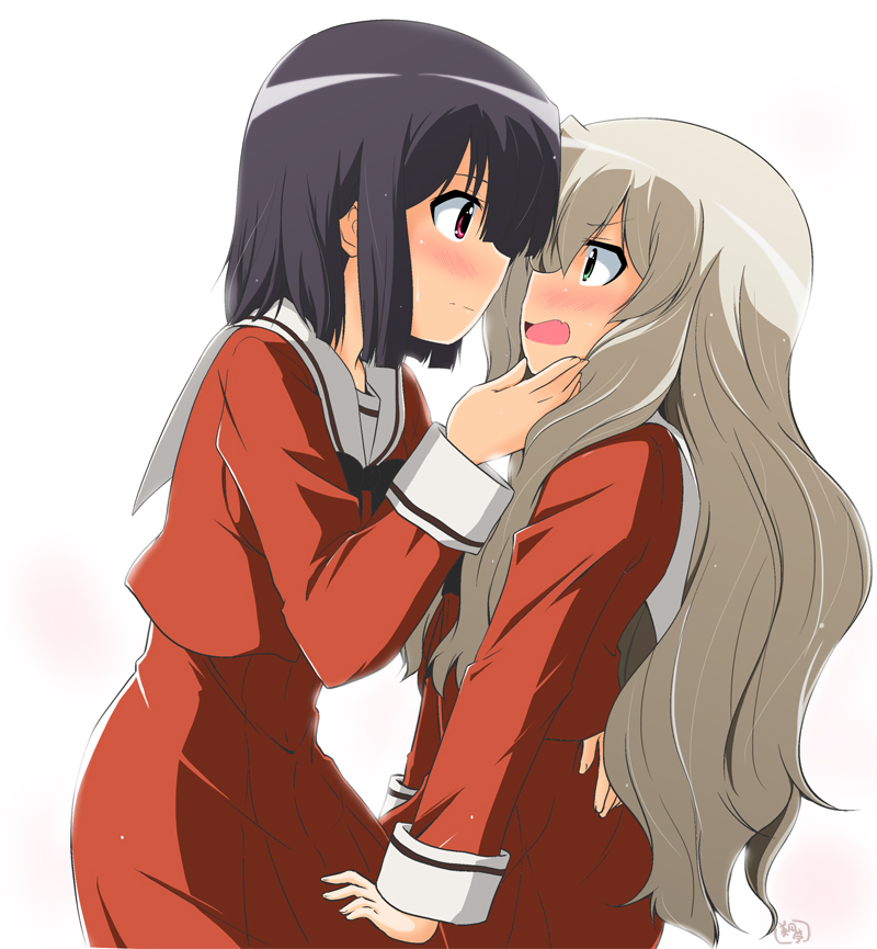 2girls, bad_id, bad_pixiv_id, black_hair, blonde_hair, eye_contact, green_eyes, hand_on_another's_face, kawamura_reo, long_hair, looking_at_another, mitsuki_(mitsukitei), multiple_girls, open_mouth, red_eyes, sawaguchi_mai, short_hair, simple_background, sono_hanabira_ni_kuchizuke_wo, very_long_hair, white_background, yuri