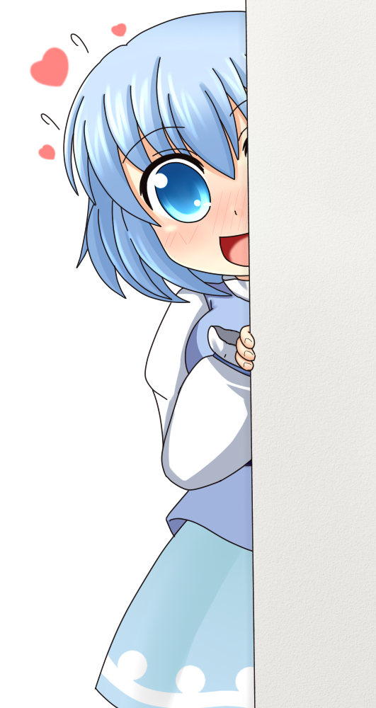 1girl, around_corner, b.leaf, blue_eyes, blue_hair, blush, female_focus, heart