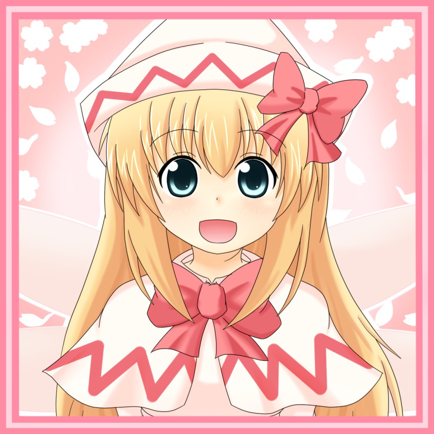 1girl, aqua_eyes, b.leaf, blonde_hair, border, bow, capelet, dress