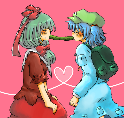 2girls, aqua_hair, backpack, bag, blue_hair, blush, bow, cucumber