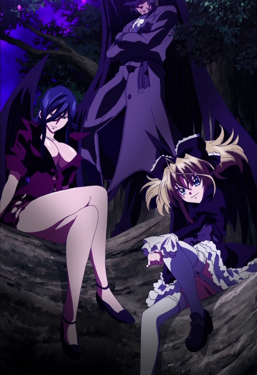 10s, 1boy, 2girls, blonde_hair, blue_eyes, blue_hair, breasts, brown_hair